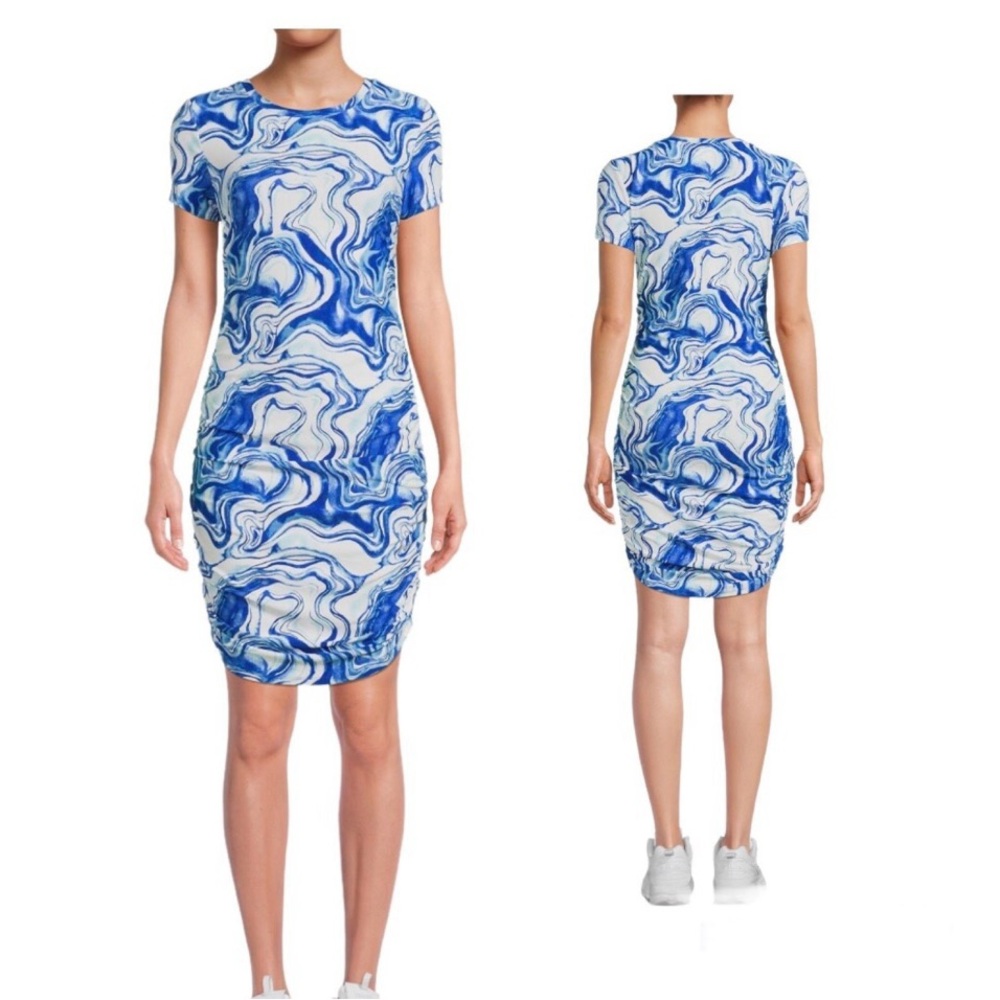 No Boundaries Women/Juniors Size S (3-5) Ruched Bodycon Mini Dress Tie-Dye Blue